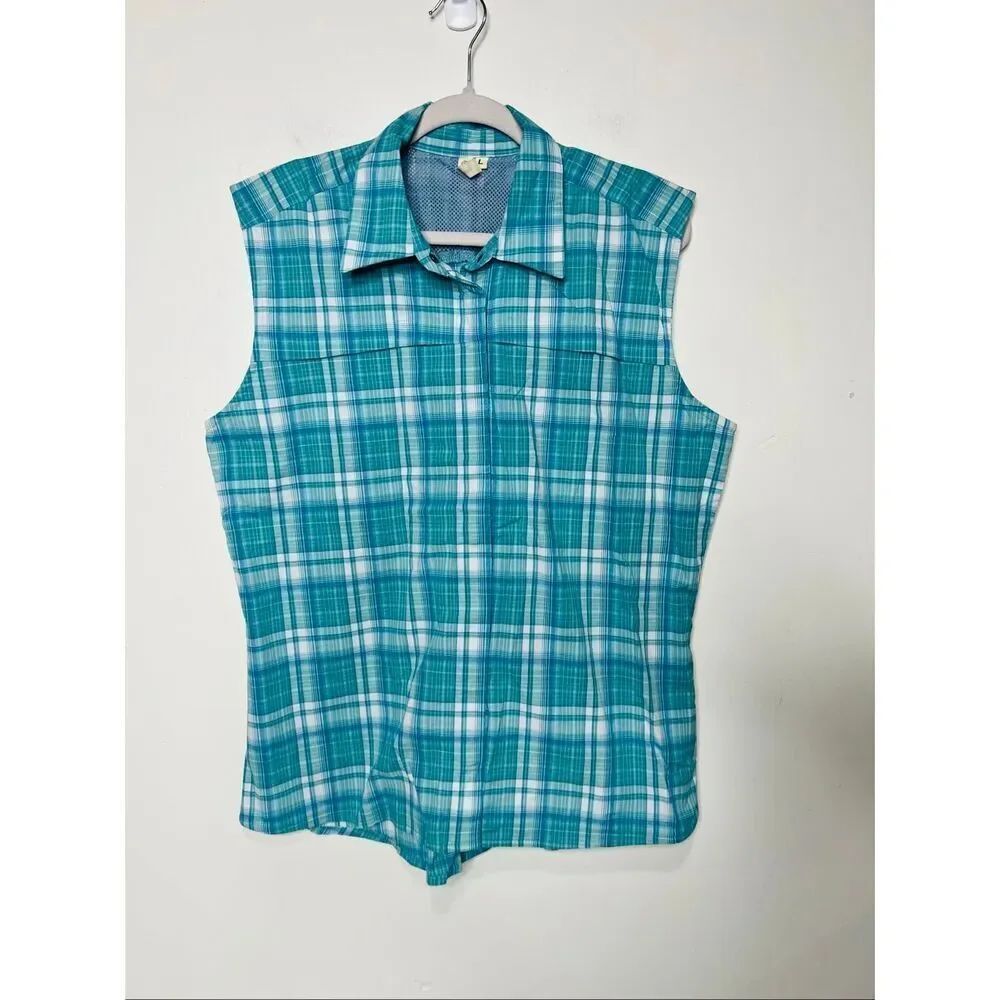 Dakini Teal Blue Green Plaid Sleeveless collared hiking shirt Snap Front Sz L